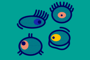 Gif en illustration vectorielle d'yeux animés représentant la partie design graphique du collectif Superfruit.
