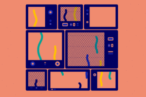 Gif en illustration vectorielle d'écrans animés représentant la partie motion design du collectif Superfruit.