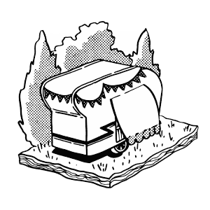 Animation d'une caravane posée dans l'herbe, végétation et arbres