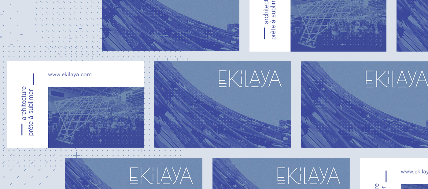 Ensemble recto/verso de cartes de visite Ekilaya sur fond bleu avec motifs