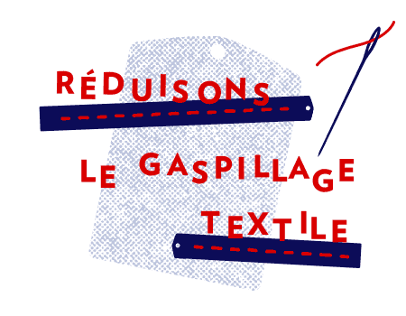 Animation des lettres du titre du dossier contre le gaspillage textile et fil passant dans une aiguille