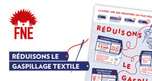 Couverture news pour article avec logo FNE, affiche et slogan Réduisons le gaspillage textile