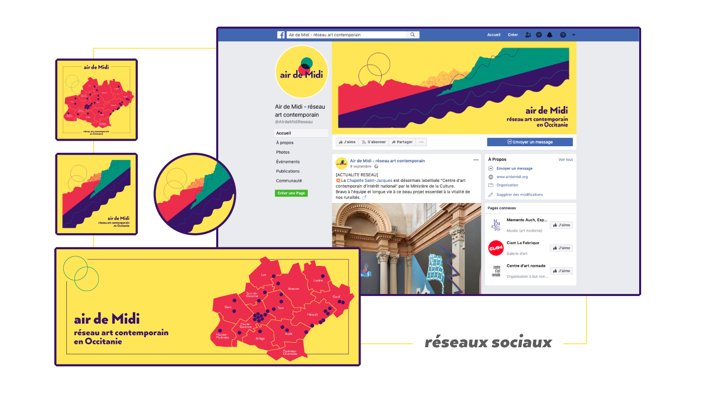 Visuels réseaux sociaux Facebook et instagram basés sur le design de la carte postale conçue pour Air de Midi réseau art contemporain en Occitanie créée par Superfruit