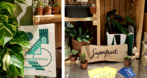 Ensemble de photos de l'exposition d'illustrations sérigraphiées "Chloroville" par Superfruit à la boutique de plante toulousaine Capsule : affiche cachée dans les feuilles et plaque de bois imprimée en sérigraphie