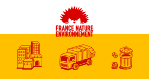 Visuel avec le logo France Nature Environnement et 3 pictogrammes illustrant leur dossier sur la taxe incitative pour le traitement des déchets en ville.