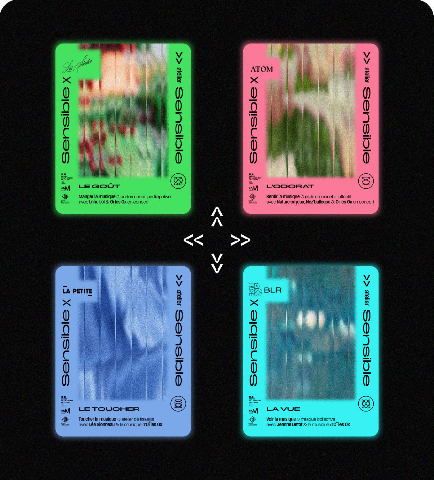 Sensible-visuels-Superfruit Présentation de la charte graphique proposée pour CIRCa pôle national cirque de Auch. typos League Gothic, Grand Slang et Hoot, gammes colorées et dégradés